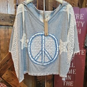 POL Gray and Blue Lace Hoodie Top